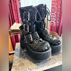 Demonia Black Patent Ranger-308 Platform Lace-Up Buckle Boots Women’s size 8